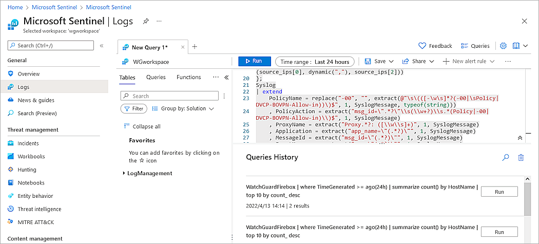 Screenshot of the Logs query window in the Azure portal